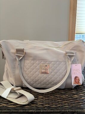 Paris Hilton Light Cream Quilted Travel Duffel with Gold Accents